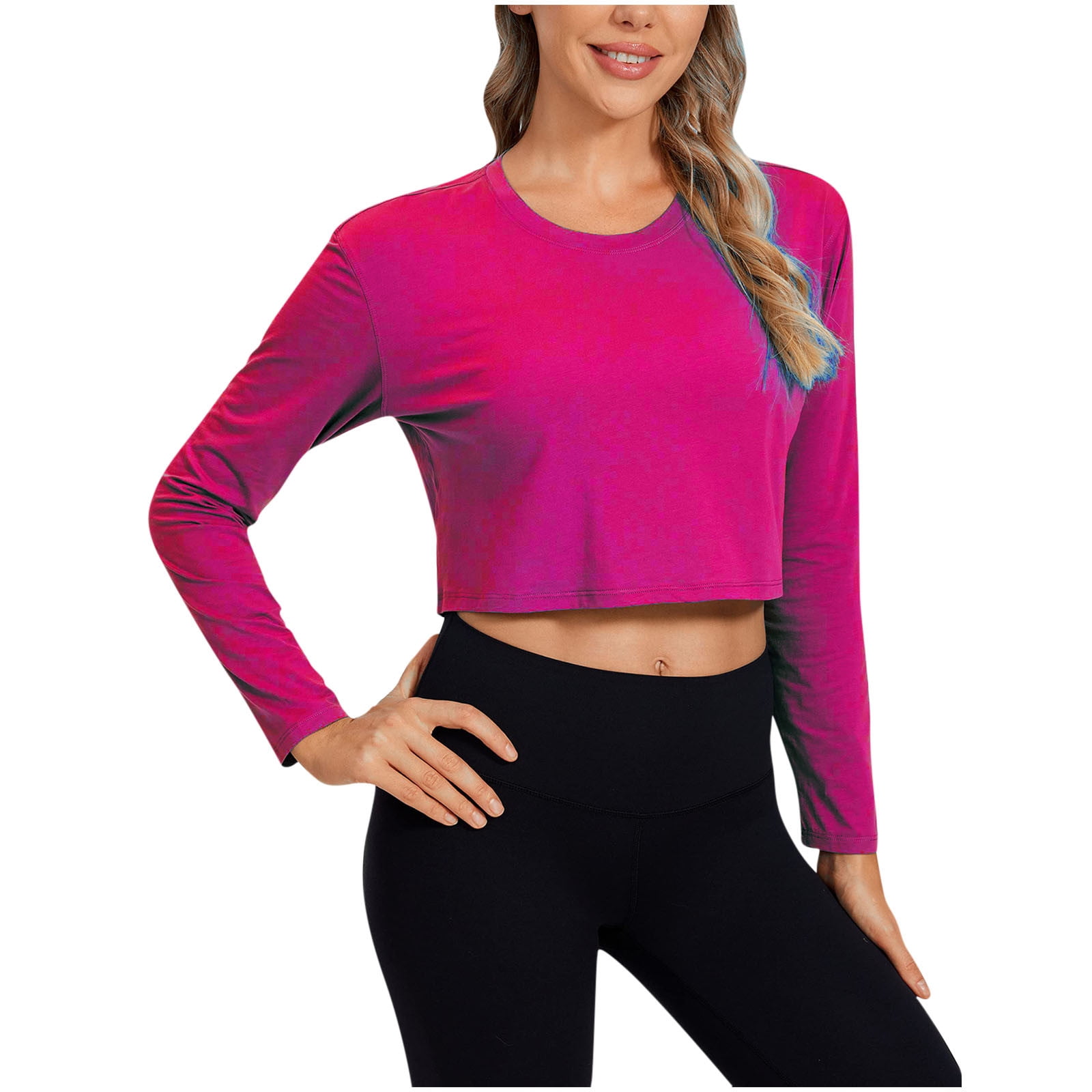 XFLWAM Cotton Long Sleeve Shirts for Women Workout Crop Tops Loose Cropped  T-Shirts Athletic Gym Shirts Pink L