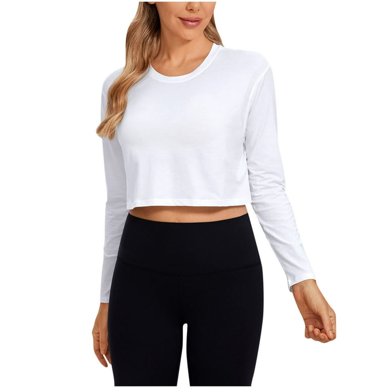 XFLWAM Cotton Long Sleeve Shirts for Women Workout Crop Tops Loose Cropped  T-Shirts Athletic Gym Shirts White L