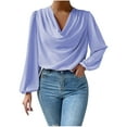 thumbnail image 1 of XFLWAM Cowl Neck Ruched Tops for Women Elegant Satin Silky Draped Shirts Long Sleeve Solid Color Business Work Blouses Blue L, 1 of 7