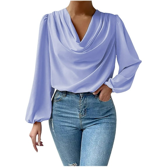 XFLWAM Cowl Neck Ruched Tops for Women Elegant Satin Silky Draped Shirts Long Sleeve Solid Color Business Work Blouses Blue XL
