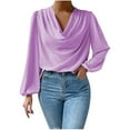 thumbnail image 1 of XFLWAM Cowl Neck Ruched Tops for Women Elegant Satin Silky Draped Shirts Long Sleeve Solid Color Business Work Blouses Purple S, 1 of 8
