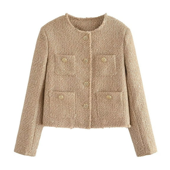 XFLWAM Crop Tweed Blazer Jacket Women Collarless Open Front Button Down Business Work Casual Wool Jacket Coat Beige L
