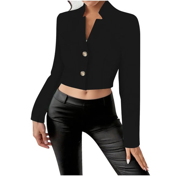 XFLWAM Cropped Blazers for Women Business Casual Button Down Long Sleeve Suit Jacket Trendy Dressy Work Office Blazer Black XL