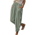 thumbnail image 1 of XFLWAM Cropped Lightweight Capri Palazzo Pants Loose Casual Solid Color Linen Elastic Cotton Loose Fit Pants Green S, 1 of 8