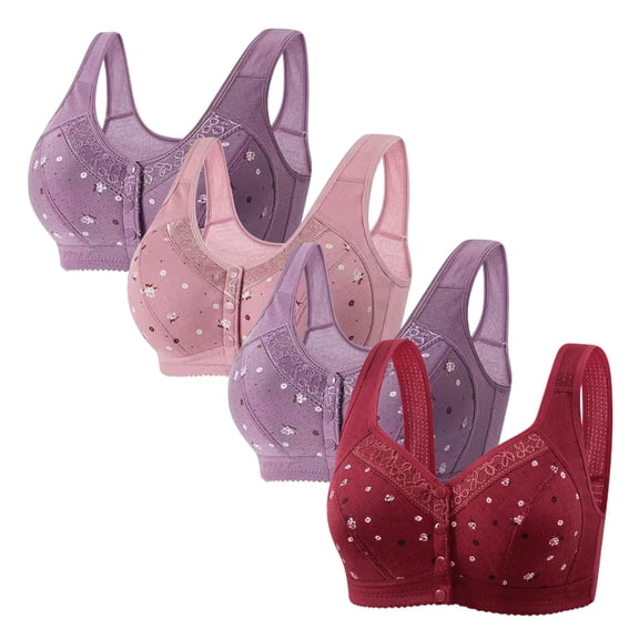 XFLWAM Daisy Bras for Older Women Front Closure Bra Cotton Bra Full Coverage Comfortable Bra No Underwire Plus Size Bra 4 Packs