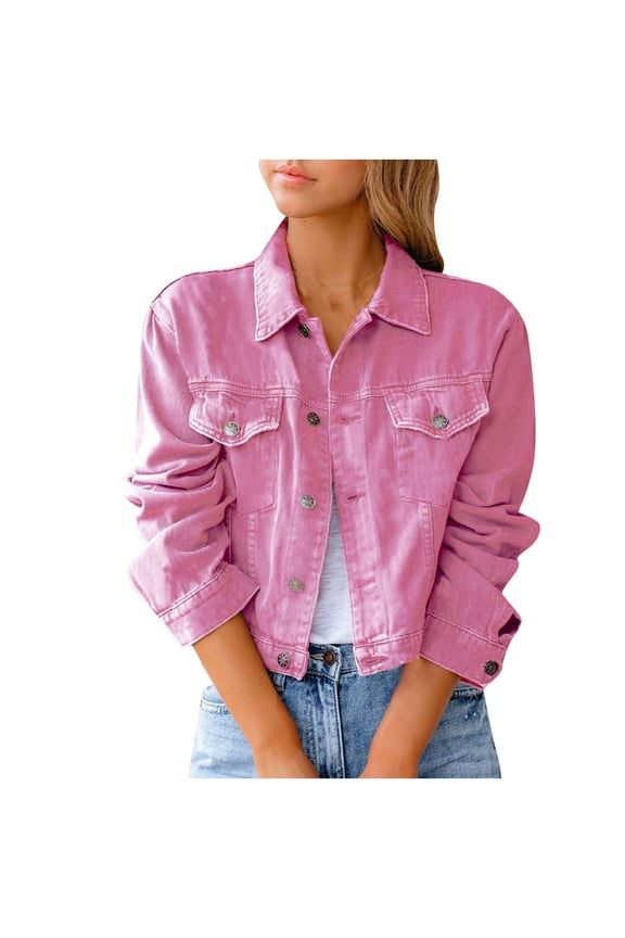 Denim Jacket for Women Crop Jean Jackets Button Up Chest Pockets Vintage Western Trucker Jacket Coat Daily Streetwear Pink M