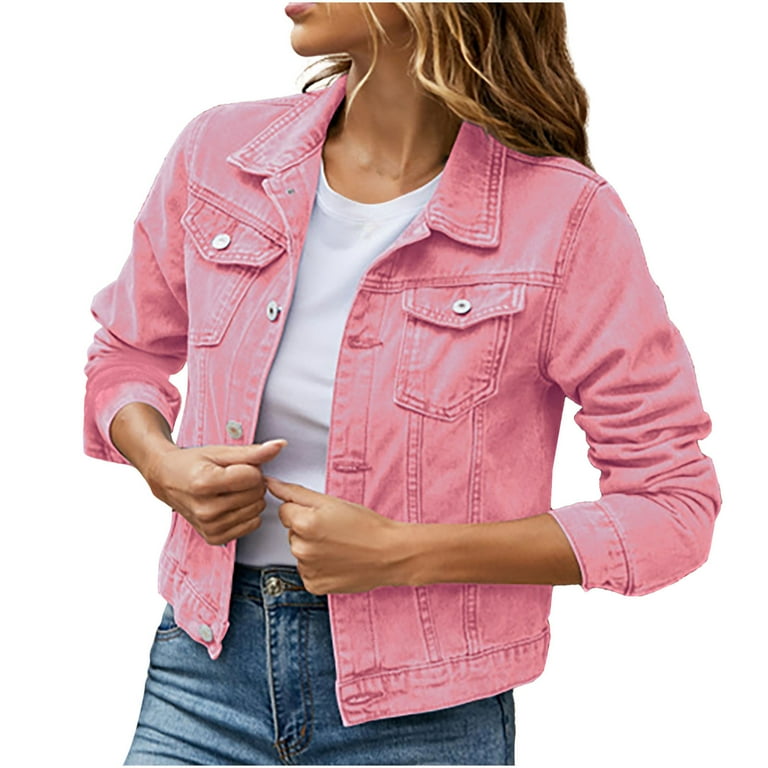 XFLWAM Denim Jacket for Women 2023 Distressed Jean Jackets Button Up Vintage Western Trucker Jacket Frayed Hem Pockets Pink M