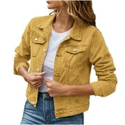 XFLWAM Denim Jacket for Women 2023 Distressed Jean Jackets Button Up Vintage Western Trucker Jacket Frayed Hem Pockets Yellow L
