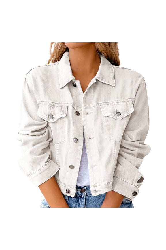 Denim Jacket for Women Crop Jean Jackets Button Up Chest Pockets Vintage Western Trucker Jacket Coat Daily Streetwear White 3XL