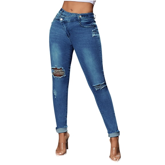 XFLWAM Distressed Jeans for Women High Waisted Jeans For Women Stretchy And Slim Ripped Hole Small Leg Denim Pants Tight Jeans
