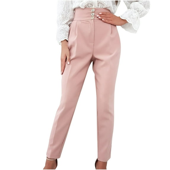 XFLWAM Dress Pants for Women Comfort Stretchy Slacks Work Pants Straight Leg/Pull On with Pockets for Business Casual Pink S