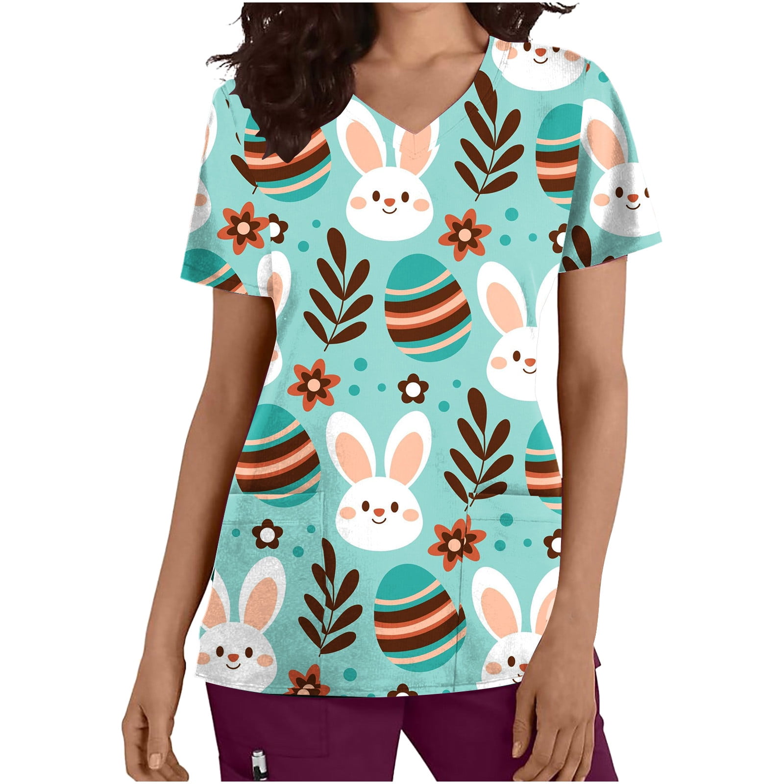 XFLWAM Easter Scrub Tops for Women Scrubs Nurse Working Uniforms Eggs