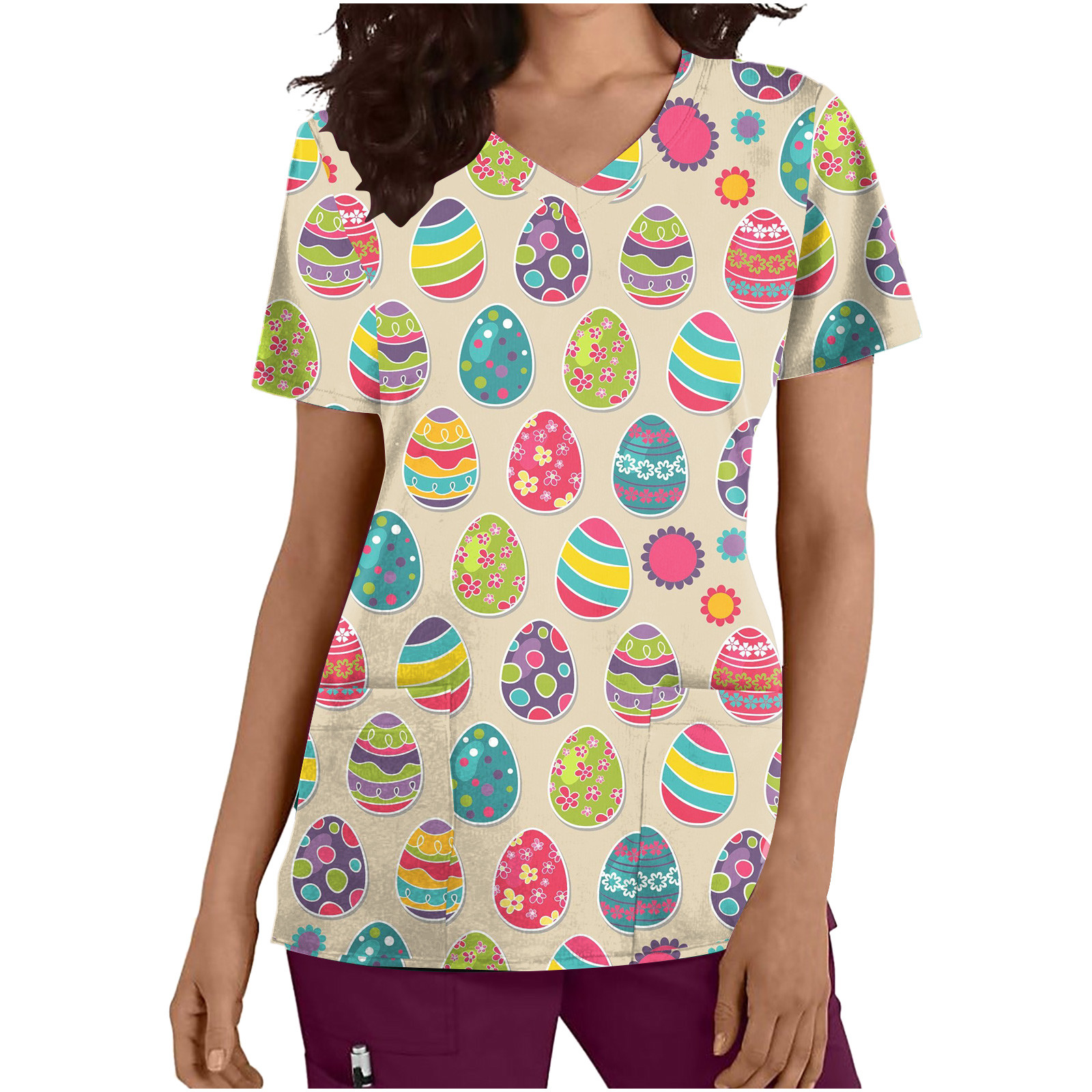 XFLWAM Easter Scrub Tops for Women Scrubs Nurse Working Uniforms Eggs