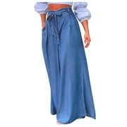 XFLWAM Extra Wide Leg Denim Pants for Women Long Jeans Elastic Waist with Pockets Plus Size Loose Casual Trousers with Belt Blue S
