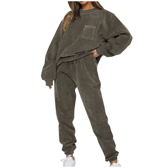 XFLWAM Fall 2 Piece Sweatsuits Outfits for Women Corduroy Crewneck Long Sleeve Pullover Tops and Long Pants Tracksuit Set Army Green M