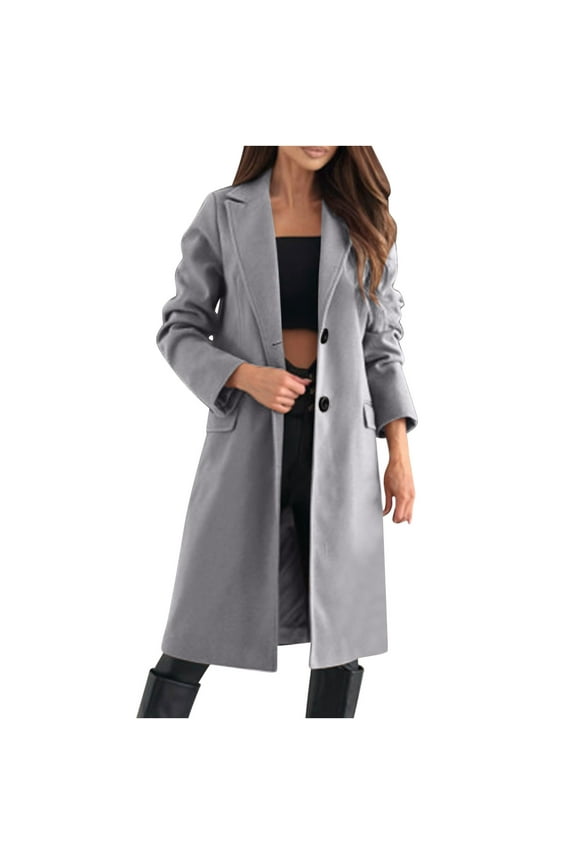 Fall Pea Coats for Women Lapel Collar Trench Coat Open Front Mid Length Wool Blend Coat Loose Fit Outerwear Gray M