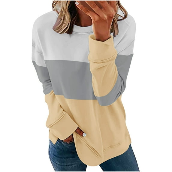 XFLWAM Fall Sweatshirts for Women Fashion Casual Crewneck Long Sleeve Pullover Stripe Print Side Split Blouse Loose Fit Beige M
