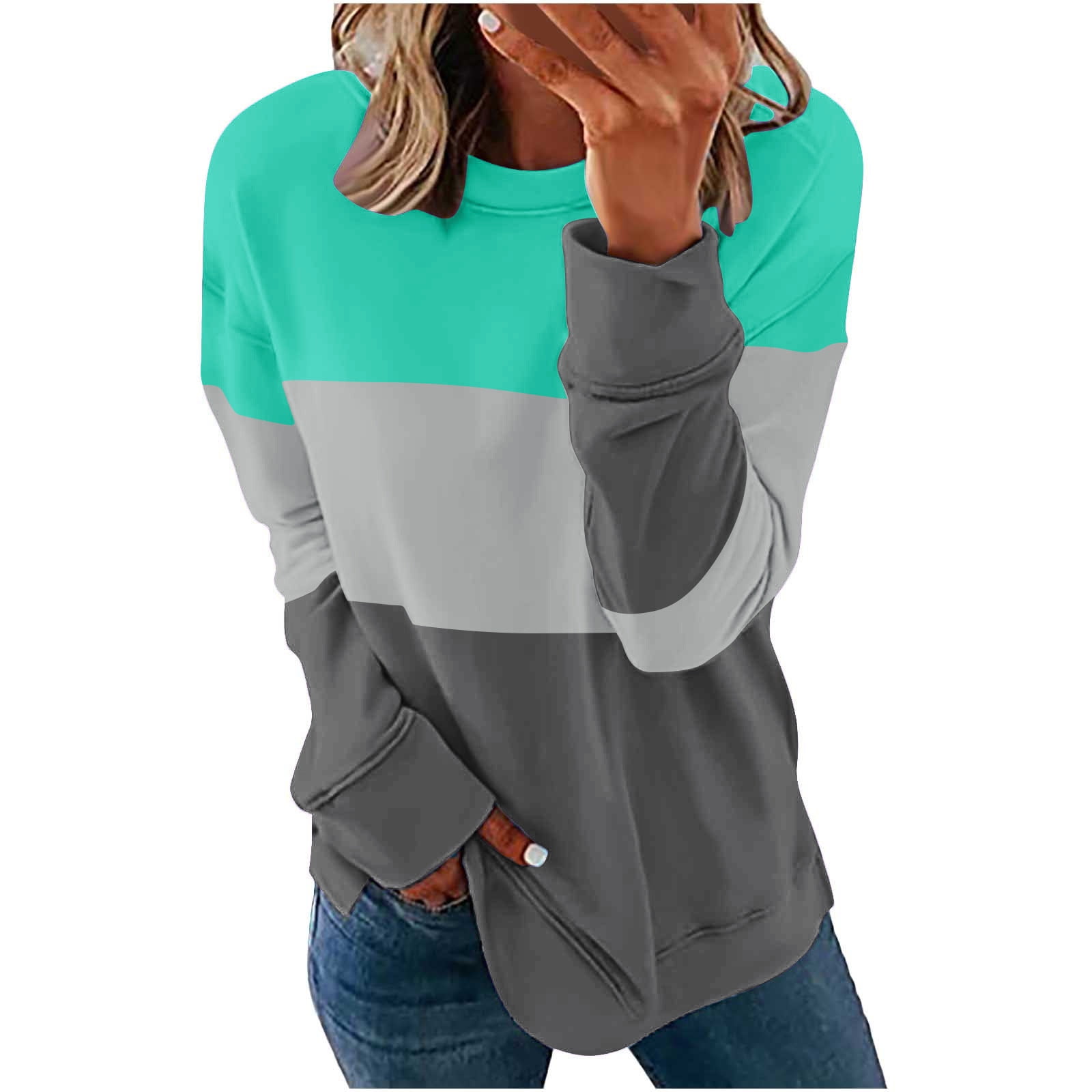 XFLWAM Fall Sweatshirts for Women Fashion 2023 Casual Crewneck Long Sleeve  Pullover Stripe Print Side Split Blouse Loose Fit Mint Green L