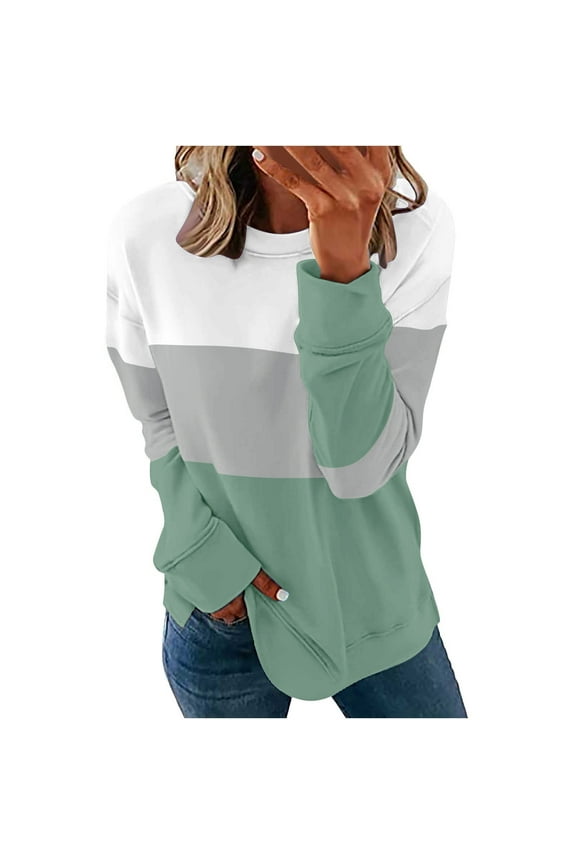 Fall Sweatshirts for Women Fashion Casual Crewneck Long Sleeve Pullover Stripe Print Side Split Blouse Loose Fit Green S