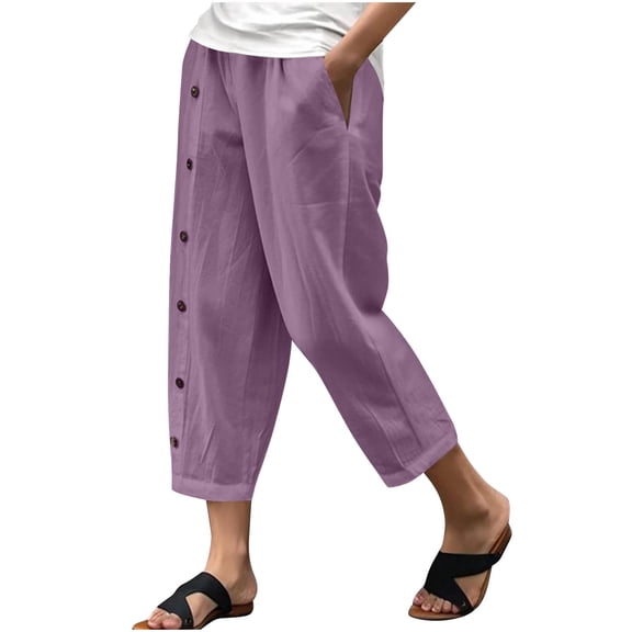 XFLWAM Fashion Women Summer Comfortable Pocket Pants Casual Button Solid Capris Pant