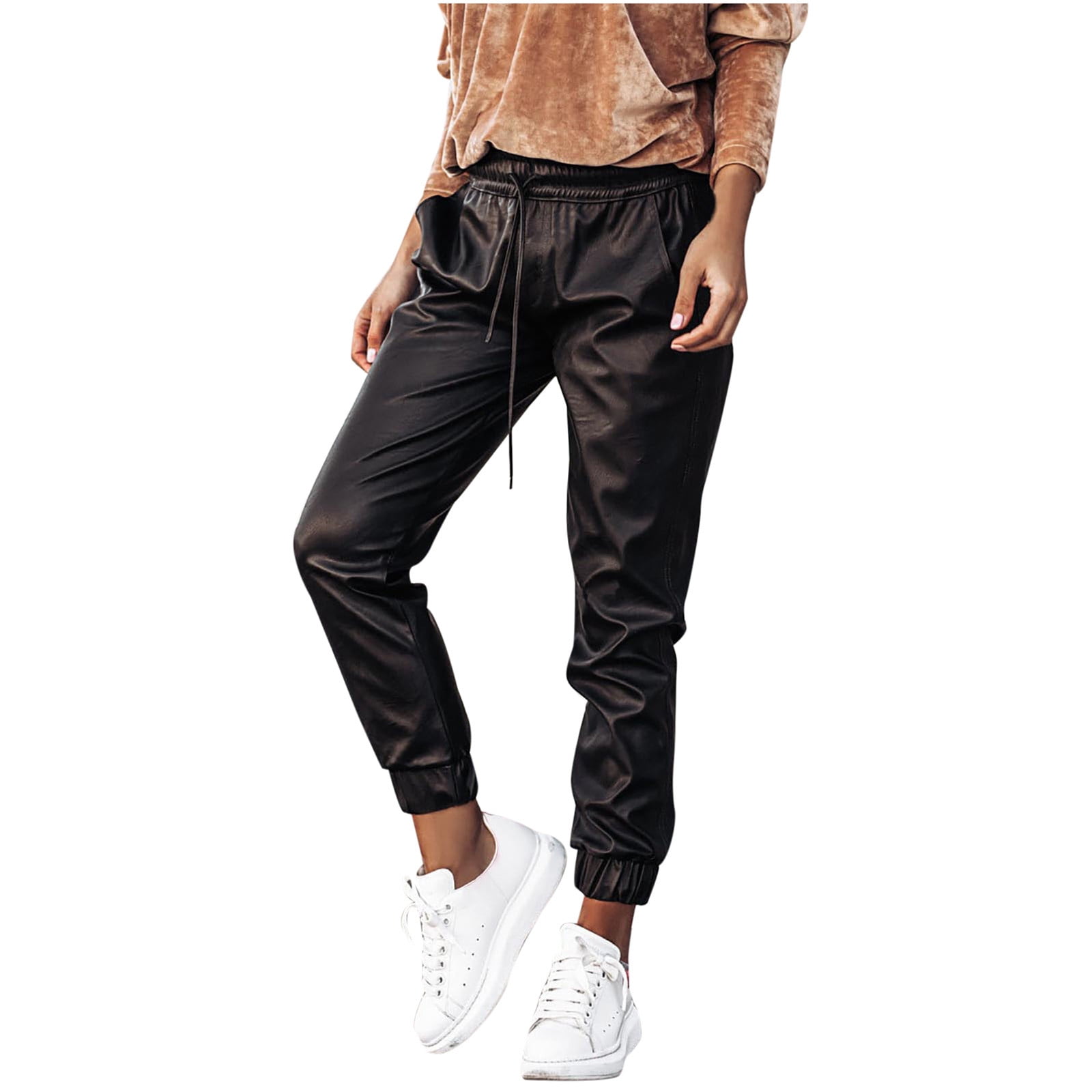 XFLWAM Faux Leather Jogger Pants High Waisted Thick Tummy Control