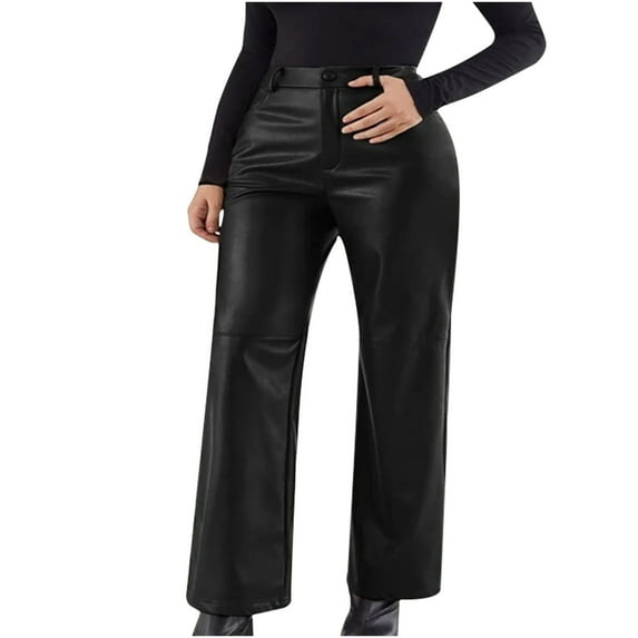 XFLWAM Faux Leather Pleather Pants for Women High Waist Straight Wide Leg Trousers Vintage Streetwear Pant with Pockets Black Black S