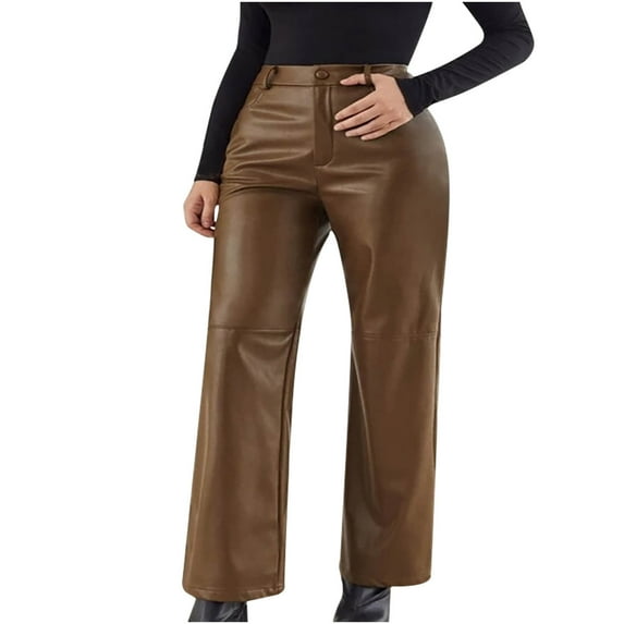 XFLWAM Faux Leather Pleather Pants for Women High Waist Straight Wide Leg Trousers Vintage Streetwear Pant with Pockets Black Brown S