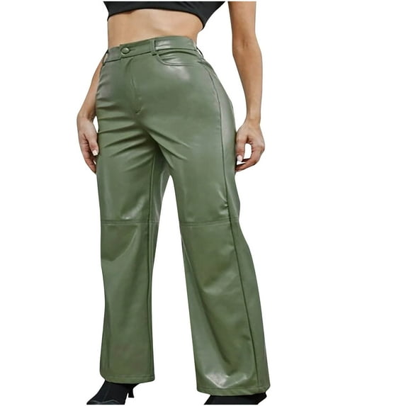 XFLWAM Faux Leather Pleather Pants for Women High Waist Straight Wide Leg Trousers Vintage Streetwear Pant with Pockets Black Green M
