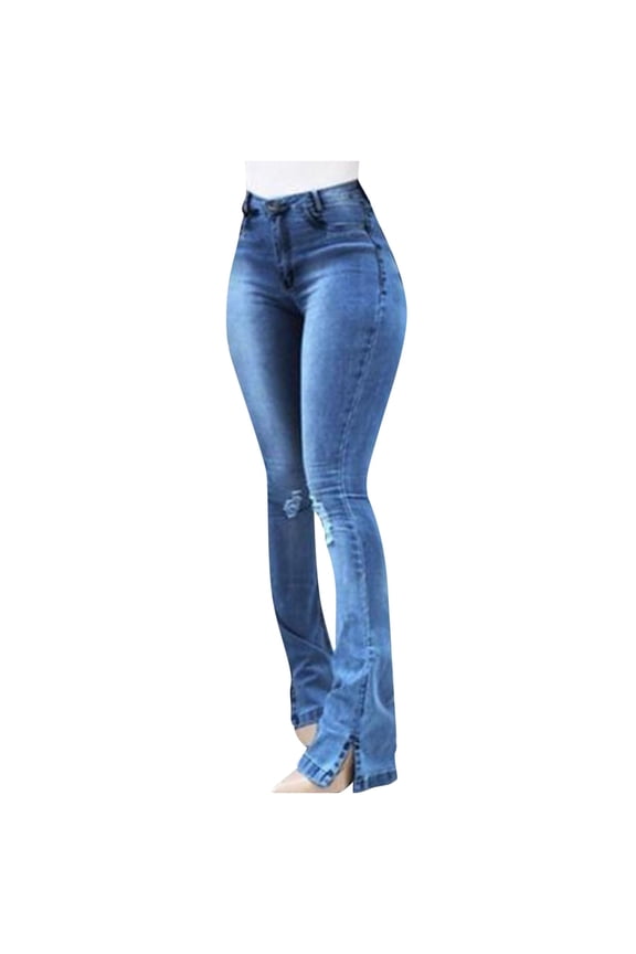 Flare Bell Bottom Jeans for Women Slit Hem High Waisted Button Denim Zipper Fly Ripped Skinny Jeans Sky Blue S
