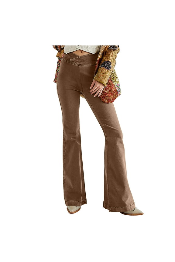 Flare Jeans for Women Bootcut Crossover High Waisted Bell Bottom Jeans Trendy Yoga Pants Flare Leggings with Pockets Brown S