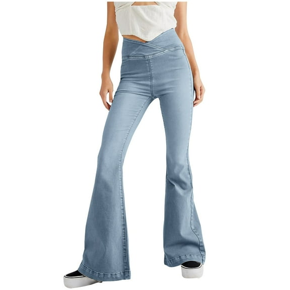 XFLWAM Flare Jeans for Women Bootcut Crossover High Waisted Bell Bottom Jeans Trendy Yoga Pants Flare Leggings with Pockets