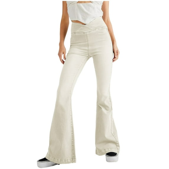 XFLWAM Flare Jeans for Women Bootcut Crossover High Waisted Bell Bottom Jeans Trendy Yoga Pants Flare Leggings with Pockets