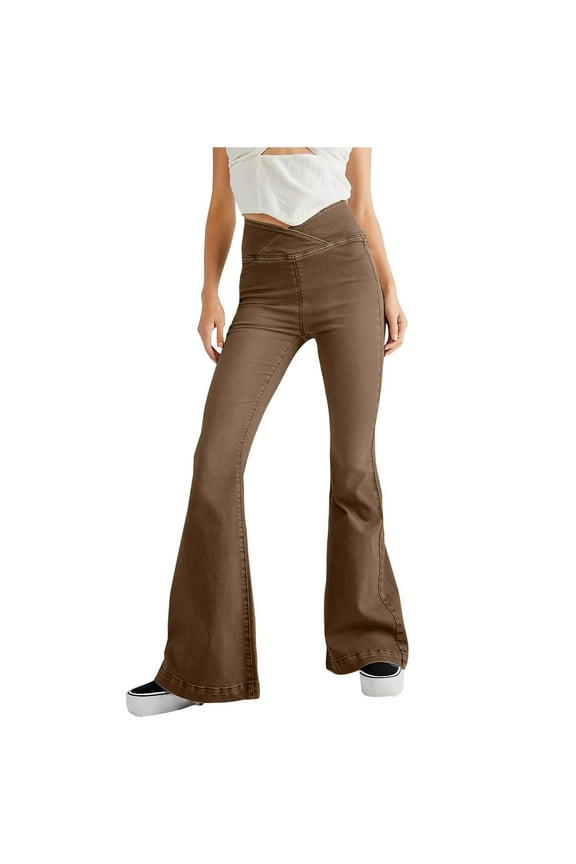 Flare Jeans for Women Bootcut Crossover High Waisted Bell Bottom Jeans Trendy Yoga Pants Flare Leggings with Pockets