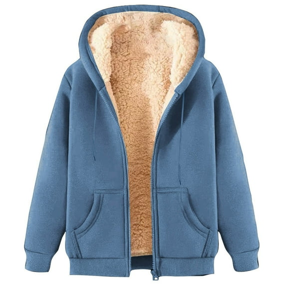 XFLWAM Fleece Jacket Women Long Sleeve Zip Up Hooded Jackets Casual Warm Sherpa Lined Fall Winter Coats with Pockets Blue XXL
