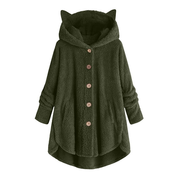 XFLWAM Fleece Jackets for Women Plus Size Button Plush Tops Hooded Patchwork Loose Cardigan Wool Coat Winter Jacket
