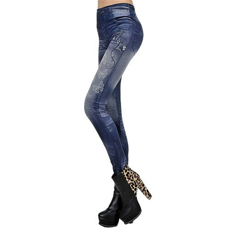 XFLWAM Fleece Lined Jean Look Leggings Jeggings for Women High Waist Tummy  Control with Back Pockets, Denim Print Fake Jean Dark Blue M