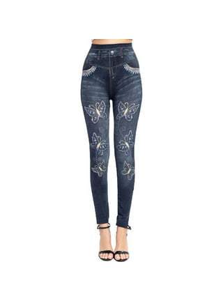 Happy Leggings Distressed Jean Sublimation Printed Fleece Lined LEGGINGS  with back pockets, M/L