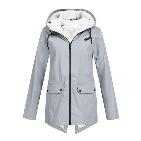 XFLWAM Fleece Lined Raincoat for Women Waterproof with Hood Solid Color Lightweight Outdoor Windbreaker Jacket Outerwear Gray L