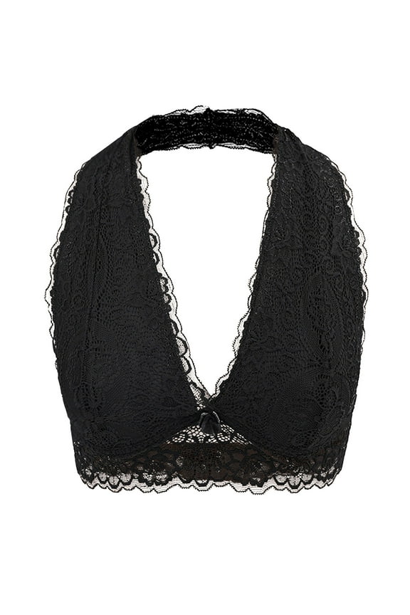 Floral Lace Halter Bras for Women Wirefree Unpadded Halter Bralette Breathable Sexy Deep V Lace Bralette Black M