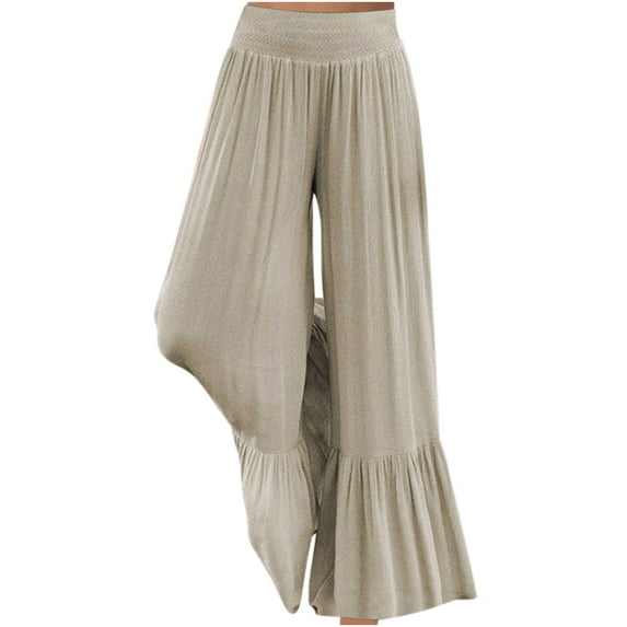 XFLWAM Flowy Cotton Linen Palazzo Pants for Women Elastic High Waisted Wide Leg Flowy Ruffle Loose Fit Solid Color Causal Dressy Lounge Trousers