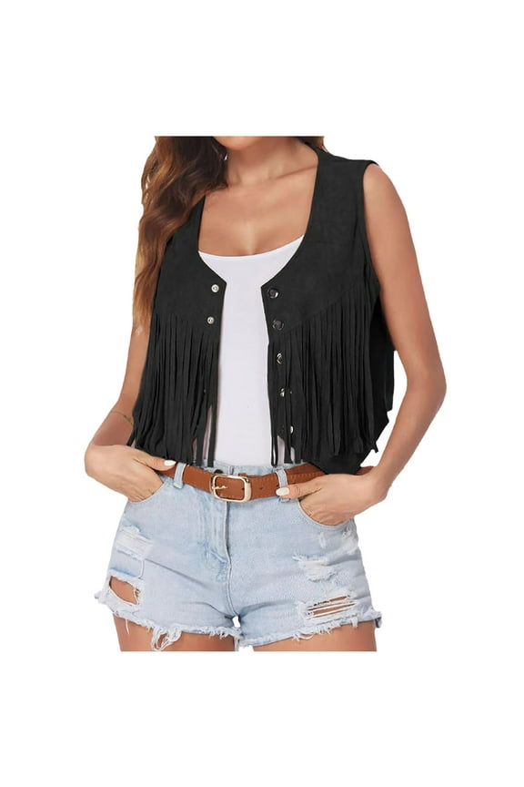 Fringe Vest Cardigans for Women Faux Suede Open Front Vintage Vest Jacket Sleeveless 70s Hippie Boho Western Waistcoat Outwear Black S