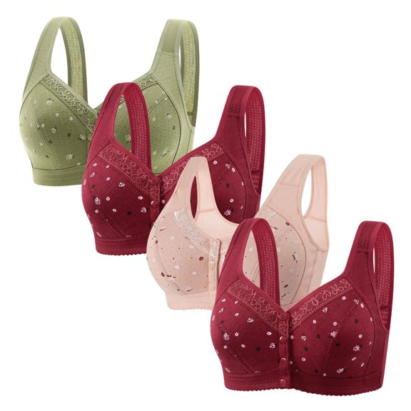 XFLWAM Front Closure Daisy Bras for Older Women Plus Size Push Up Comfortable No Underwire Seniors Full Coverage Cotton Bra 4 Packs