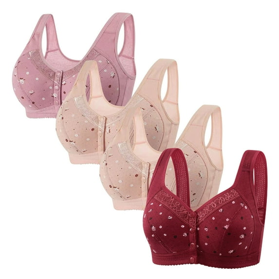 XFLWAM Front Closure Daisy Bras for Older Women Plus Size Push Up Comfortable No Underwire Seniors Full Coverage Cotton Bra 4 Packs