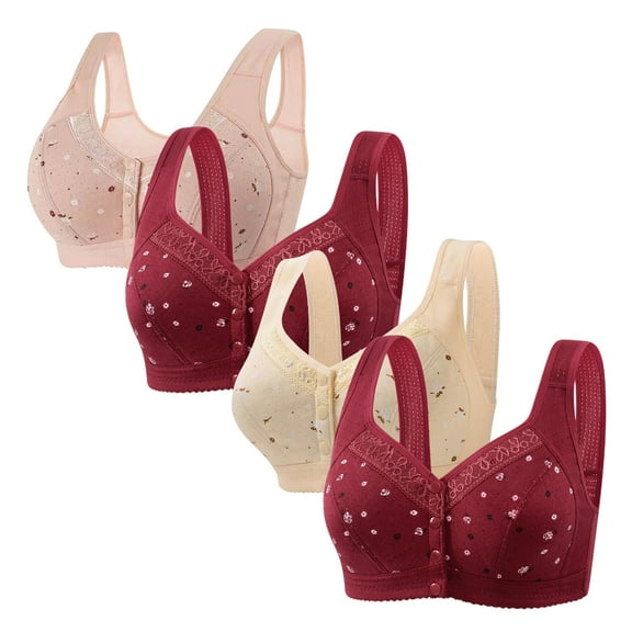 XFLWAM Front Closure Daisy Bras for Older Women Plus Size Push Up Comfortable No Underwire Seniors Full Coverage Cotton Bra 4 Packs