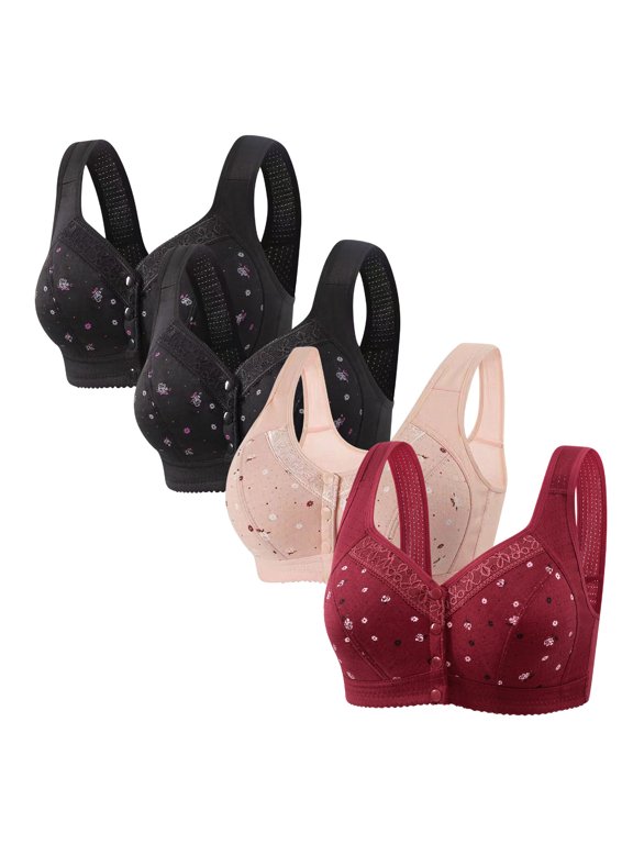 Front Closure Daisy Bras for Older Women Plus Size Push Up Comfortable No Underwire Seniors Full Coverage Cotton Bra 4 Packs