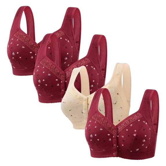 XFLWAM Front Closure Daisy Bras for Older Women Plus Size Push Up Comfortable No Underwire Seniors Full Coverage Cotton Bra 4 Packs