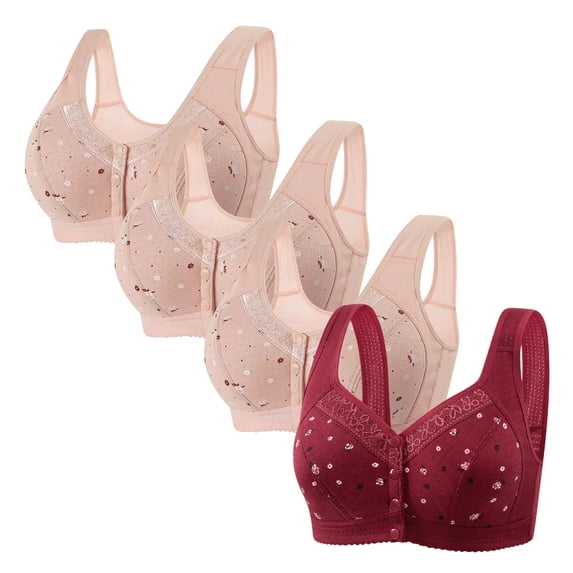 XFLWAM Front Closure Daisy Bras for Older Women Plus Size Push Up Comfortable No Underwire Seniors Full Coverage Cotton Bra 4 Packs