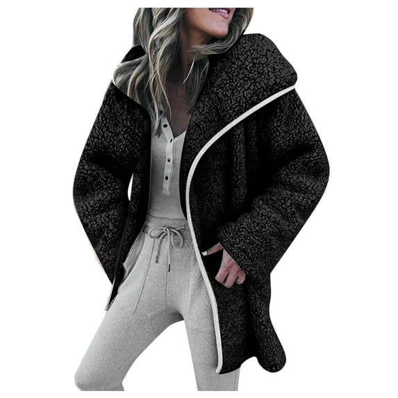 XFLWAM Fuzzy Cardigans for Women Open Front Long Jackets Soft Fleece Warm Coats Solid Color Hooded Overcoats with Pockets