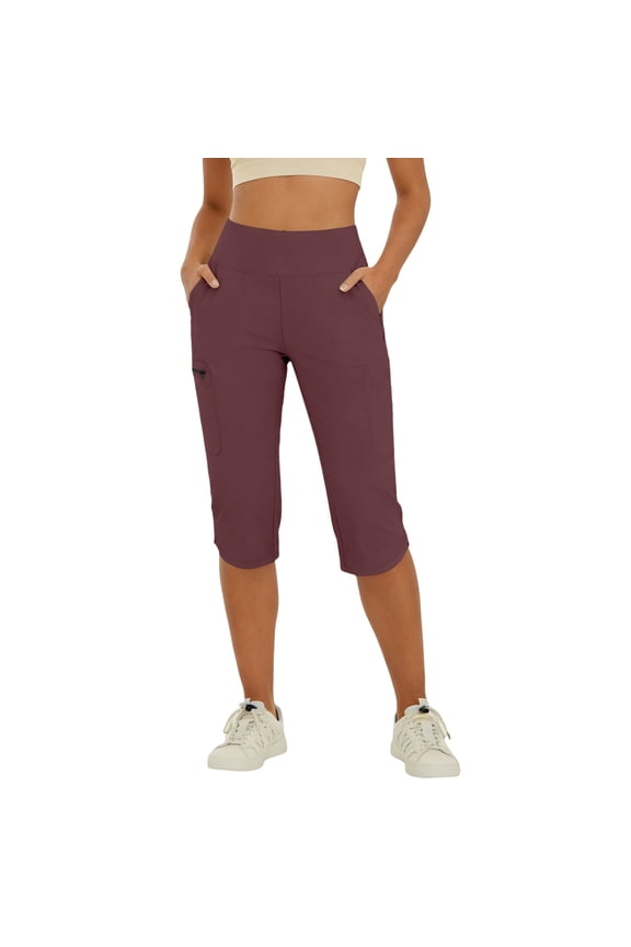Gym Leggings for Women High Waisted Capri Yoga Pants Stretchy Athletic Workout Clothes with Pocket Summer Beachwear Wine Red L
