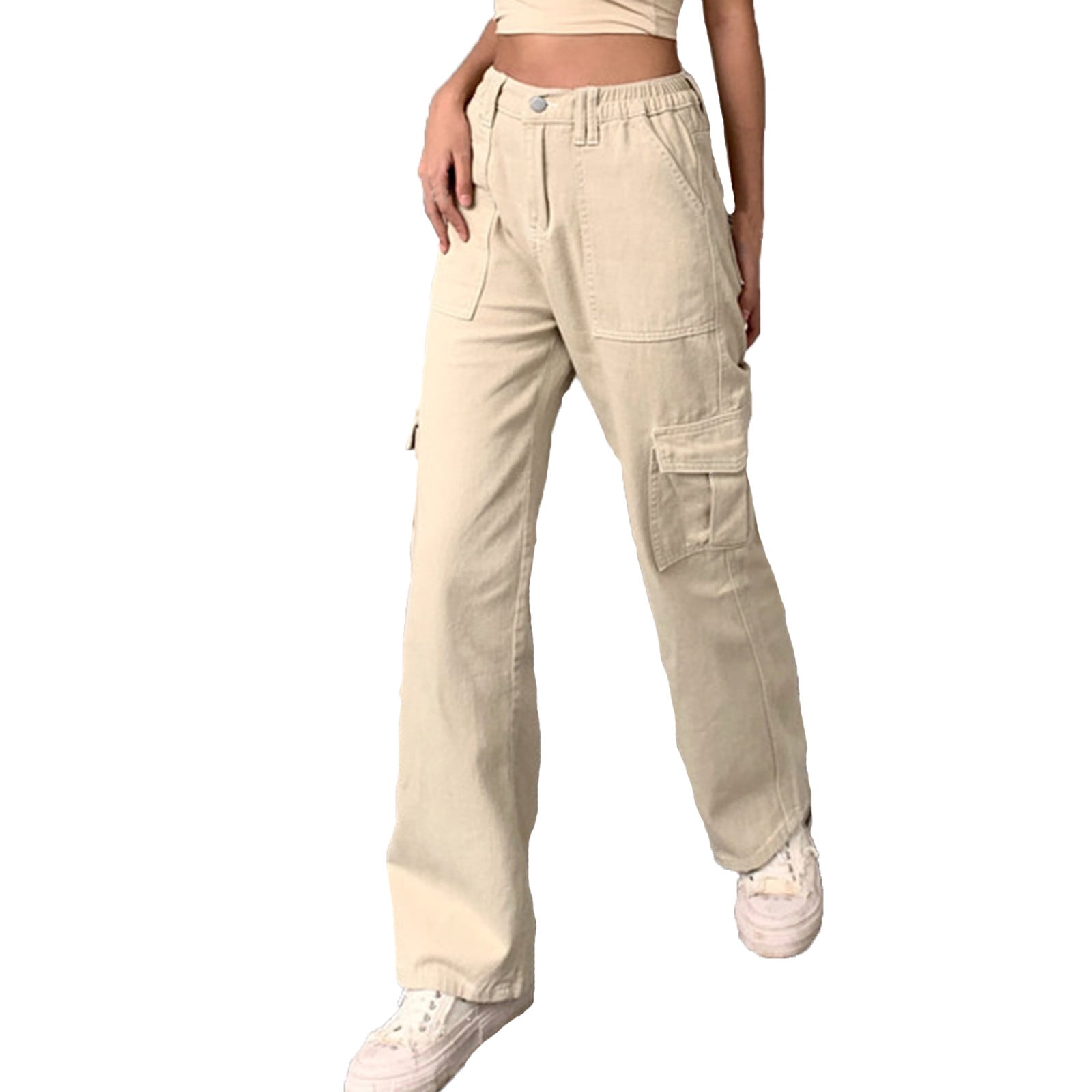 XFLWAM Women High Waisted Cargo Pants 90s Casual Straight Jeans Relaxed Side  Pockets Patch Cargo Pants Khaki L 